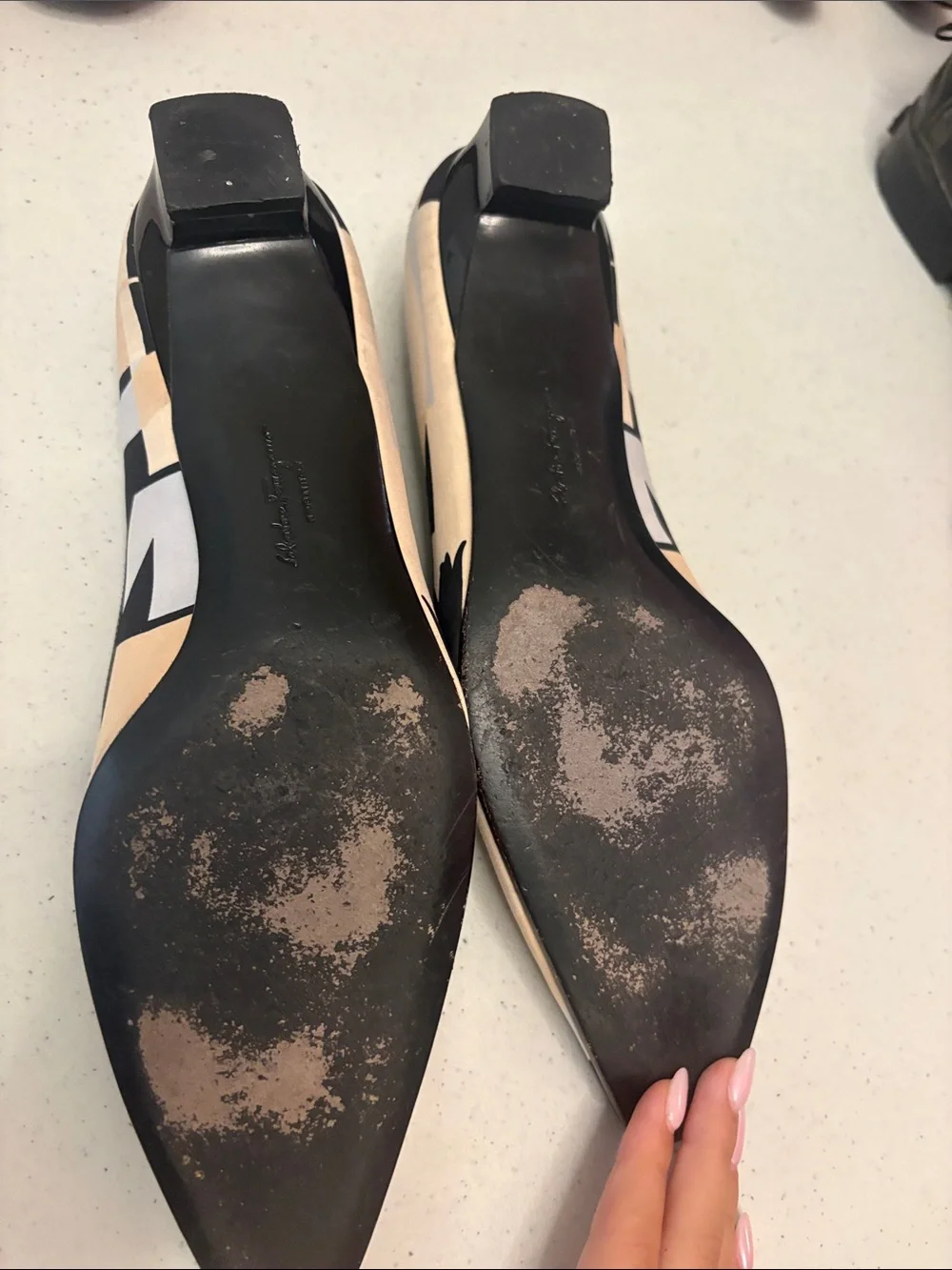 Salvatore Ferragamo Beige Black Signature Logo Ballet Flats